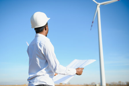 Power engineers are working with wind turbines.