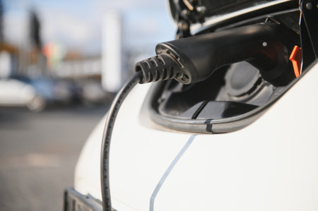 Power supply for electric car charging. Electric car charging station. Close up of the power supply plugged into an electric car being charged.の写真素材