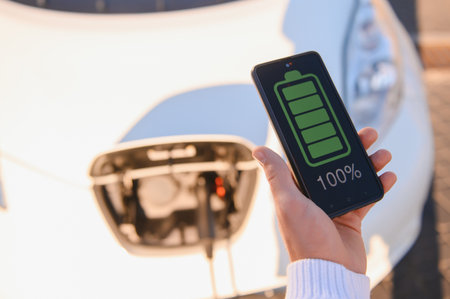 Smartphone app shows charging status of the electric car battery. Electro transport concept