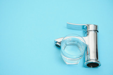 Single handle water tap on light blue background, closeupの写真素材