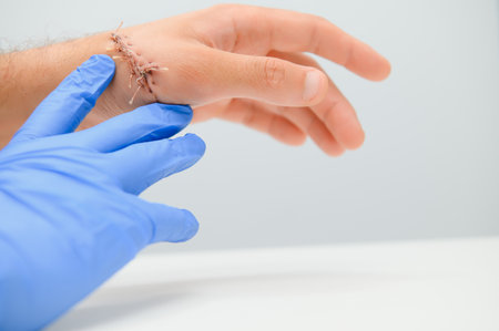 Examination and care of postoperative sutures on the patient's shoulderの写真素材