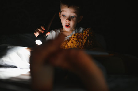 Portrait of cute little boy reading in bed with flashlight in dark room, enjoying fairytalesの写真素材