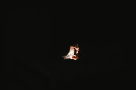 Boy with flashlight reading book under blanket at homeの写真素材