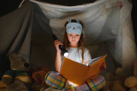 Little girl are reading a book with flashlights in tent. Happy girl playing at home. Funny lovely...