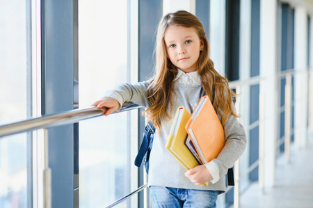 Front view of little beautiful school girl among corridor at school, holding notes at hands. Funny and happy girl smiling at camera, resting after lessons on primary school.の写真素材