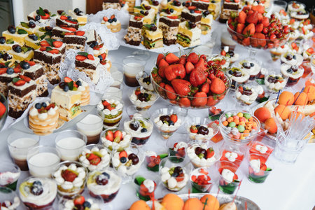 various desserts with fresh fruit on buffet line, sweetの写真素材