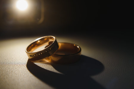 Elegant wedding rings for the bride and groom on a black background with highlights, macro,...