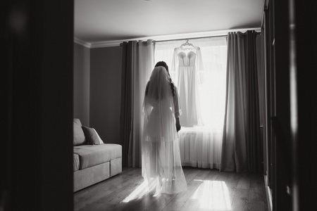 Bride dressing wedding gown. morning brideの写真素材