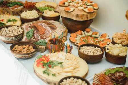 various desserts with fresh fruit on buffet line, sweetの写真素材