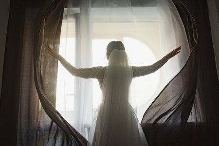 Bride dressing wedding gown. morning bride