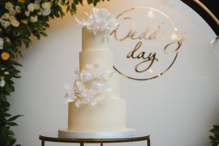 Elegant wedding cake with flowers and succulentsの写真素材