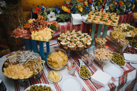 various desserts with fresh fruit on buffet line, sweetの写真素材