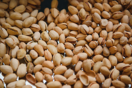 Pistachios nuts on dark background, top view, healthy snack