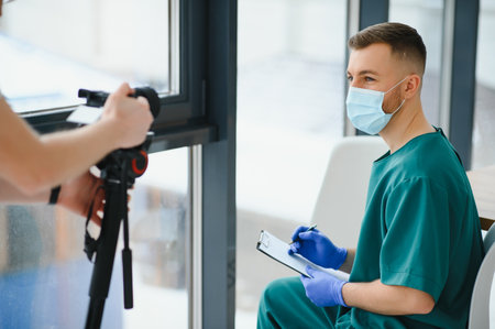 Handsome male doctor recording video for medical blog.