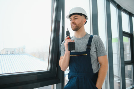 Construction worker installing window in houseの写真素材