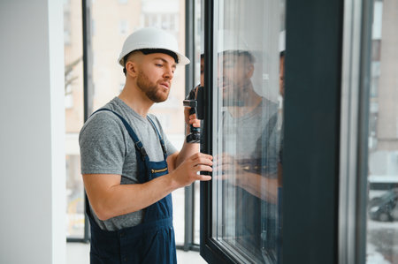 Construction worker installing window in houseの写真素材