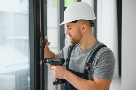 service man installing window with screwdriverの写真素材