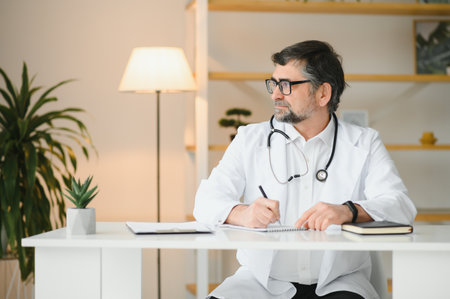 Portrait of senior doctor in white coat at workplaceの写真素材