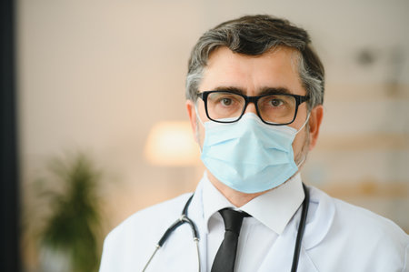 Mature old medical healthcare professional doctor wearing white coat, stethoscope, glasses and face mask. Medical staff health care protection concept. Portraitの写真素材
