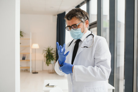Professional doctor in medical mask putting on gloves. Confident physician in lab coat wearing protection during covid-19 outbreak. Prevention of viral diseasesの写真素材
