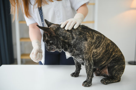 medicine, pet care and people concept - close up of french bulldog dog and veterinarian doctor hand at vet clinic - Imageの写真素材