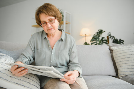Senior lady reading her newspaper at home relaxing on a couch and peering over the top at the viewer.の写真素材