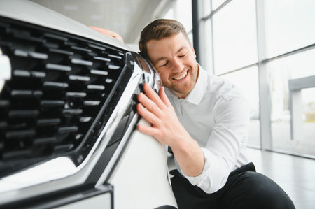 visiting car dealership. Handsome bearded man is stroking his new car and smilingの写真素材