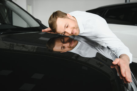Man buying a car at a showroom.の写真素材