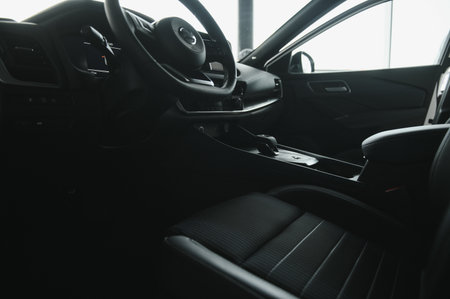 luxury car interior. Steering wheel, shift lever and dashboardの写真素材