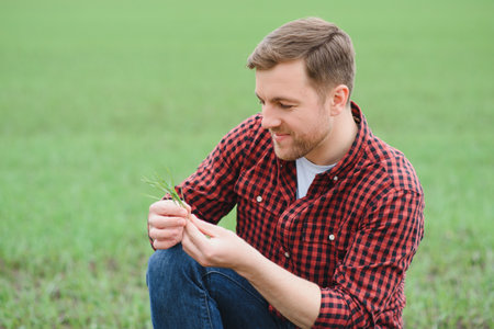 A young farmer inspects the quality of wheat sprouts in the field. The concept of agriculture.の写真素材