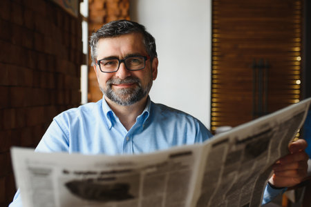 Newspaper in the morning. Senior businessman at his office riding newspapersの写真素材