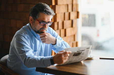 active senior man reading newspaper and drinking coffee in restaurant.の写真素材