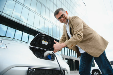 Man charges an electric car at the charging station.