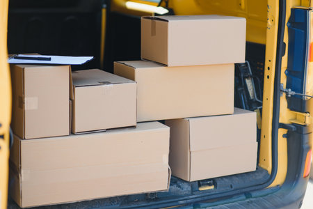 Courier van full of parcels and boxes.の写真素材
