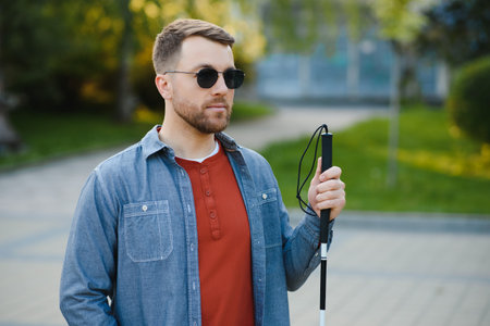 Young handsome blinded man walking with stick in town.の写真素材