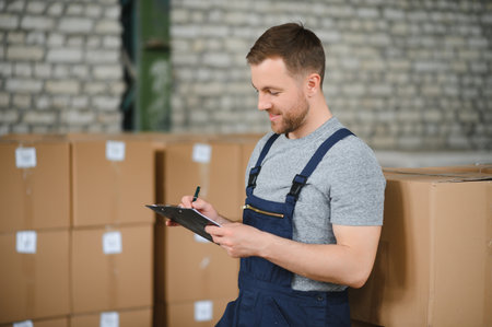 Portrait of happy male worker in warehouse with white helmet standing between shelvesの写真素材