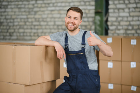 Warehouse worker carrying a carton for delivery to production stockの写真素材