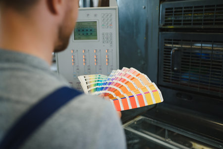 Man working in printing house with paper and paints.
