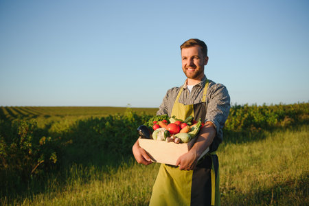 Male farmer holding box with vegetables in field.の写真素材