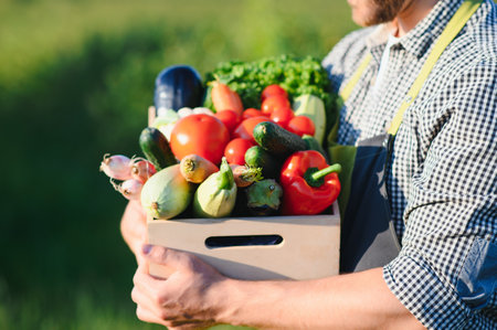 Farmer hands holding wooden box with different vegetables.の写真素材