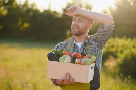 farmer holding a crate of bio vegetables in the farm. Happy man showing box of harvested vegetablesの写真素材