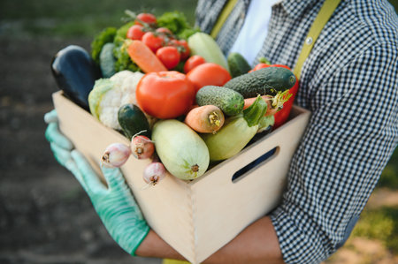 Farmer hands holding wooden box with different vegetables.の写真素材