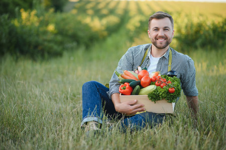 farmer holding a crate of bio vegetables in the farm. Happy man showing box of harvested vegetablesの写真素材