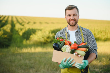 farmer carrying box of picked vegetables.の写真素材
