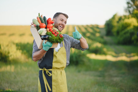 farmer holding a crate of bio vegetables in the farm. Happy man showing box of harvested vegetablesの写真素材