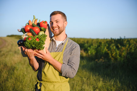 farmer carrying box of picked vegetables.の写真素材