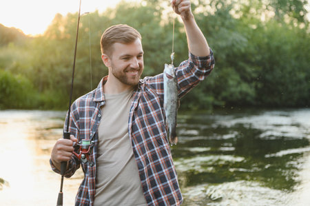 Male hobby. Ready for fishing. Relax in natural environment. Trout bait. Bearded elegant man. Man...