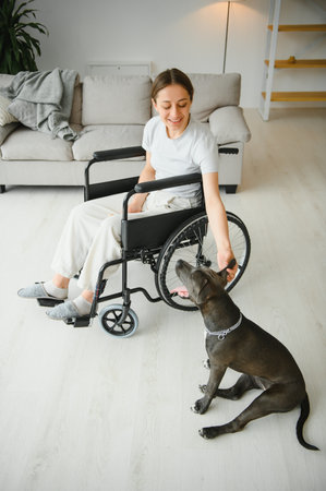 Young woman in wheelchair with dog indoors.の写真素材
