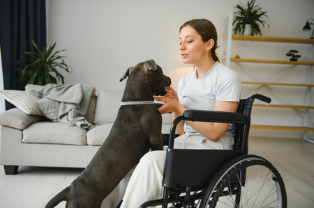 Young woman in wheelchair with service dog at home.の写真素材