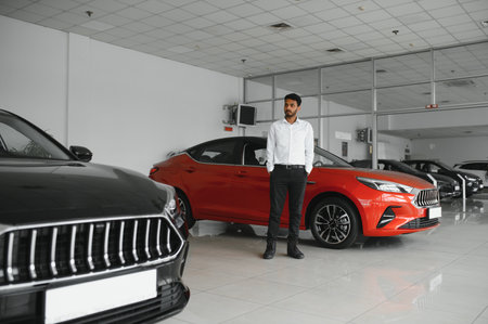 Successful indian businessman in a car dealership - sale of vehicles to customersの写真素材